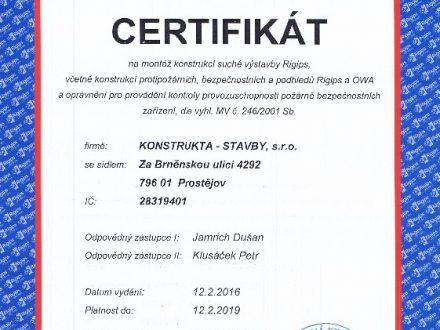 Certifikát o školení na sádrokartonové protipožární konstrukce