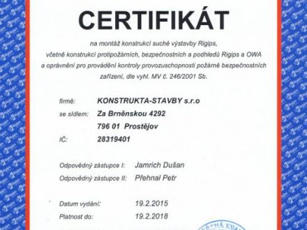 Certifikát RIGIPS protipožární konstrukce