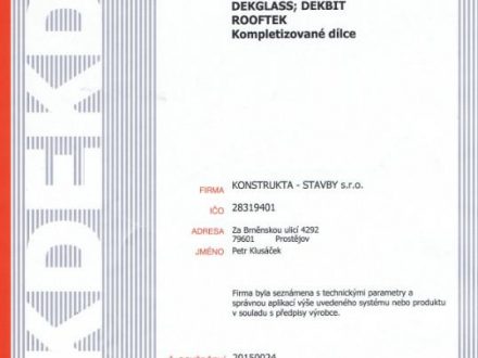 Certifikát DEK asfaltové hydroizolační folie