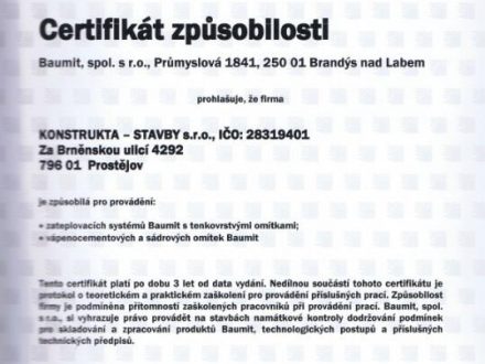Certifikát omítky a zateplovací systémy Baumit